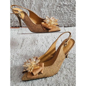 J Renee Metallic‎ Gold Crystal Flower & Bow Peep Toe Slingback Heels Pumps Sz 6M